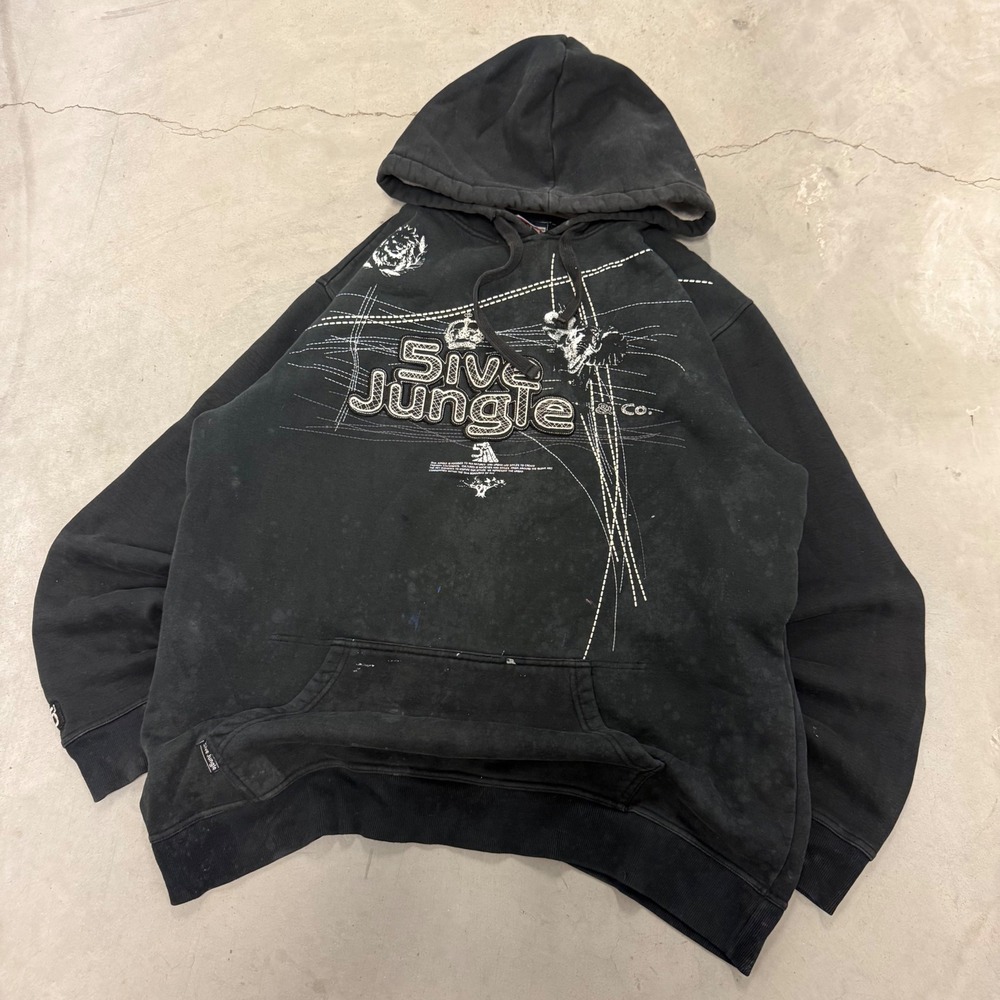 Five Jungle Mens 2XL Black Graphic Hoodie Y2K Streetwear Embroidered Sweatshirt